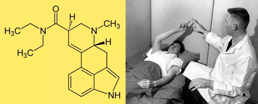 Estructura molecular del LSD. Derecha, durante un experimento con LSD, buscando un arma psicoquímica para incapacitar al enemigo, en los laboratorios de Investigación y Desarrollo Químico del Ejército de los EE UU.