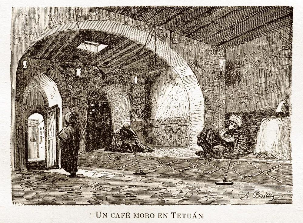 Un café moro en Tetuán, grabado de A. Pastuly. En Recuerdos de la Guerra de África, Carlos Iriarte, Barcelona 1862