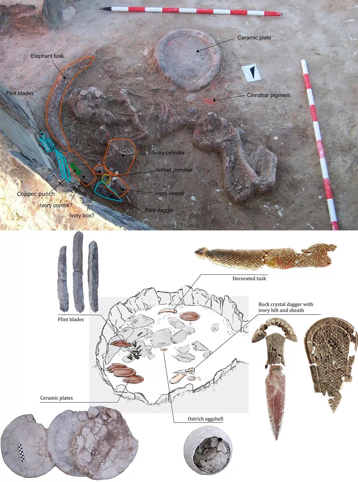 Los principales artefactos depositados alrededor del cuerpo en el nivel inferior de la tumba de la Dama de Marfil